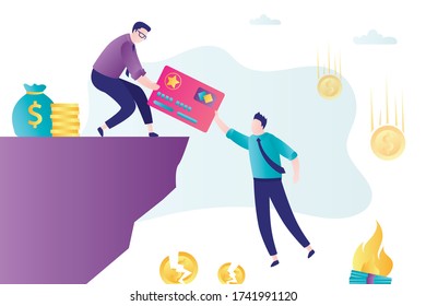 Bank agent give businessman credit card. Debt restructuring, bank clerk will save client. Bankruptcy and no money. Global recession. Inflation and financial problems concept. Flat vector illustration