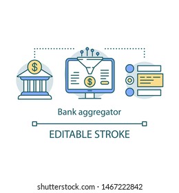 Bank aggregator service concept icon. Data compiling, account information gathering idea thin line illustration. Online banking company services. Vector isolated outline drawing. Editable stroke