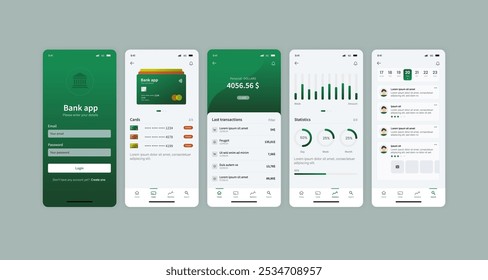 Painel do aplicativo bancário. Design de UI do Mobile Banking e Financial Management com Análises e Histórico de Transações. A interface inclui lógica analítica, histórico de transações, opções de pagamento e saldo de conta