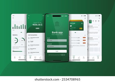 Panel del App del banco. Diseño de interfaz de usuario de banca móvil y gestión financiera con análisis e historial de transacciones. La interfaz incluye análisis, historial de transacciones, opciones de pago y saldo de Cuenta