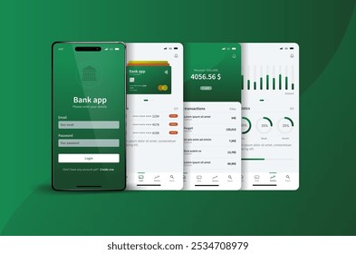 Panel del App del banco. Diseño de interfaz de usuario de banca móvil y gestión financiera con análisis e historial de transacciones. La interfaz incluye análisis, historial de transacciones, opciones de pago y saldo de Cuenta