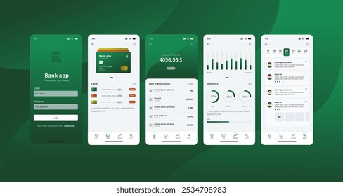 Dashboard der Bank-App. Mobile Banking und Financial Management UI Design mit Analytics und Transaktionshistorie. Die Schnittstelle umfasst Analysen, Transaktionshistorie, Zahlungsoptionen und Kontosaldo