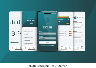 Panel del App del banco. Diseño de interfaz de usuario de banca móvil y gestión financiera con análisis e historial de transacciones. La interfaz incluye análisis, historial de transacciones, opciones de pago y saldo de Cuenta
