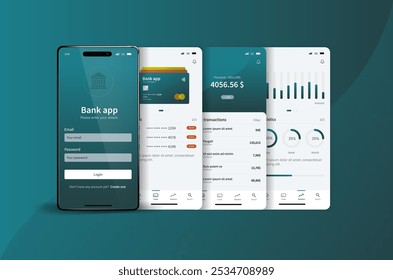 Panel del App del banco. Diseño de interfaz de usuario de banca móvil y gestión financiera con análisis e historial de transacciones. La interfaz incluye análisis, historial de transacciones, opciones de pago y saldo de Cuenta