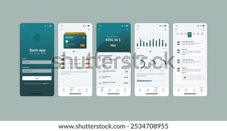 Bank app dashboard. Mobile Banking and Financial Management UI Design with Analytics and Transaction History. The interface includes analytics, transaction history, payment options and Account balance