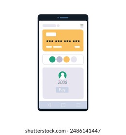 App del banco en la pantalla del teléfono móvil. Pago en línea y transacción de dinero. Pagar desde la Cuenta financiera en el teléfono inteligente. Finanzas electrónicas digitales. Ilustración vectorial plana aislada sobre fondo blanco