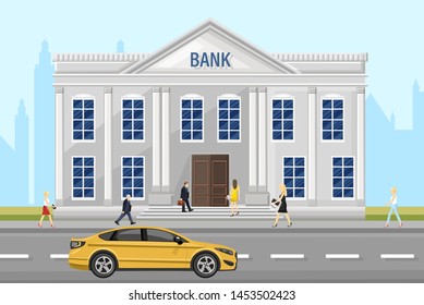 Bank architecture facade Vector. People walking around the street. Flat style illustration