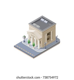 Bank Architecture Public Building With Environment. Symbol Of Finance, Confidence And Security. Icon Isometric Style. Vector Illustration Isolated On White Background.