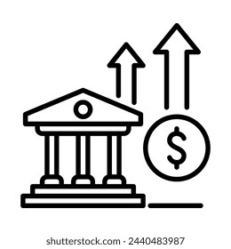 Bank with arrows growth icon. Outline style. Vector. Isolate on white background.