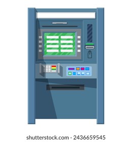 Bank ATM. Automatic teller machine. Program electronic device for payments and withdraw cash from plastic card. Economic, bank and finance industry. Vector illustration in flat style