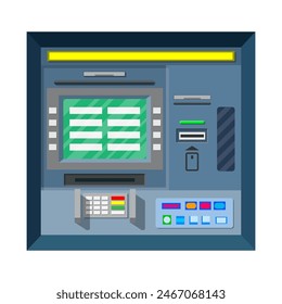 Bank ATM. Automatic teller machine. Program electronic device for payments and withdraw cash from plastic card. Economic, bank and finance industry. Vector illustration in flat style