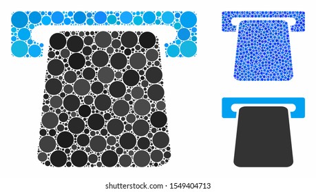 Bank ATM composition of small circles in various sizes and shades, based on bank ATM icon. Vector small circles are united into blue collage. Dotted bank ATM icon in usual and blue versions.