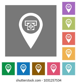 Bank ATM GPS map location flat icons on simple color square backgrounds