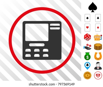 Bank ATM grey icon inside red round frame with bonus gamble images. Vector illustration style is flat iconic symbols. Designed for gambling ui.