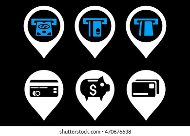 Bank ATM Pointer vector icons. Pictogram style is bicolor blue and white flat icons with rounded angles on a black background.