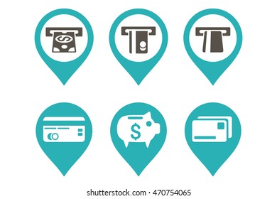Bank ATM Pointer vector icons. Pictogram style is bicolor grey and cyan flat icons with rounded angles on a white background.
