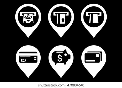 Bank ATM Pointer vector icons. Pictogram style is white flat icons with rounded angles on a black background.
