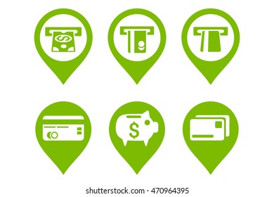 Bank ATM Pointer vector icons. Pictogram style is eco green flat icons with rounded angles on a white background.