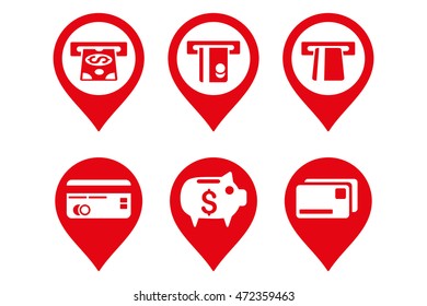 Bank ATM Pointer vector icons. Pictogram style is red flat icons with rounded angles on a white background.