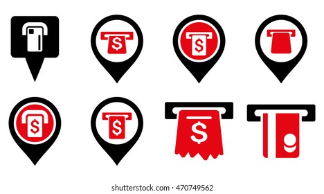 Bank ATM Pointers vector icons. Pictogram style is bicolor intensive red and black flat icons with rounded angles on a white background.