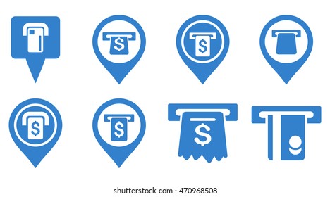Bank ATM Pointers vector icons. Pictogram style is cobalt flat icons with rounded angles on a white background.