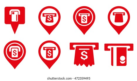 Bank ATM Pointers vector icons. Pictogram style is red flat icons with rounded angles on a white background.