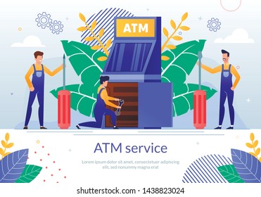 Bank ATM Repair Service Flat Vector Banner Template with Servicemen or Repairman in Uniform. Making Diagnostics and Maintenance of Automated Teller Machine. Repairing Broken Cash Point Illustration.