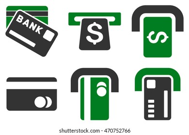 Bank ATM vector icons. Pictogram style is bicolor green and gray flat icons with rounded angles on a white background.
