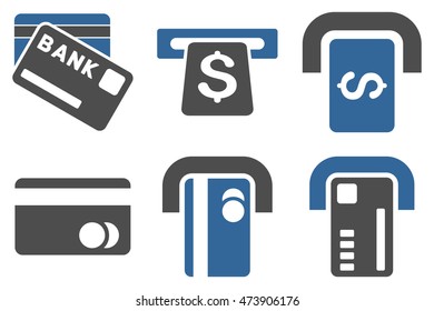 Bank ATM vector icons. Pictogram style is bicolor cobalt and gray flat icons with rounded angles on a white background.