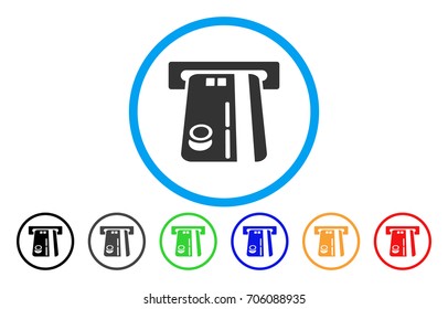 Bank ATM vector rounded icon. Image style is a flat gray icon symbol inside a blue circle. Additional color variants are grey, black, blue, green, red, orange.