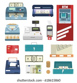 Bank attributes isolated colored icon set with cash machine register money printing box vector illustration