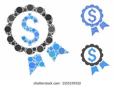Bank award composition of round dots in variable sizes and color tints, based on bank award icon. Vector dots are composed into blue illustration. Dotted bank award icon in usual and blue versions.