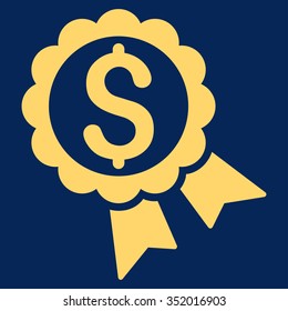 Bank Award vector icon. Style is flat symbol, yellow color, rounded angles, blue background.
