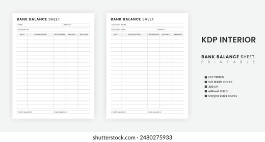 Bank Balance Sheet Printable Template, Bank Account Transactions Tracker, Banking Record, Financial Planner Letter size