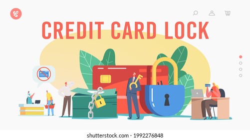 Bank Ban Landing Page Template. Tiny Characters at Huge Blocked Credit Card and Lock on Money Pile. Payment Block in Supermarket or during Online Shopping Process. Cartoon People Vector Illustration