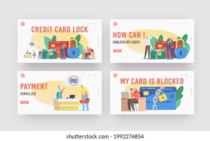 Bank Ban Landing Page Template Set. Tiny Characters at Huge Blocked Credit Card and Lock on Money. Payment Block in Supermarket or during Online Shopping Process. Cartoon People Vector Illustration