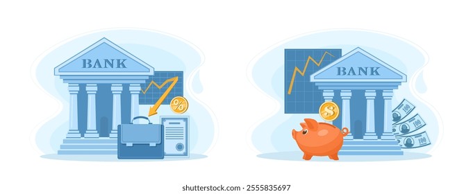 Bank and banking, money and finance. Concept of saving money, investing, creating capital. Set of vector illustrations bank building, piggy bank, portfolio with company shares, wallet with money.