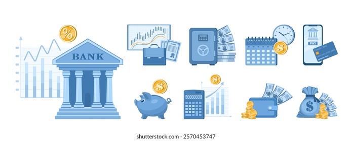 Bank and banking, money and finance. Concept of saving money, investing, creating capital. Set of vector illustrations bank building, piggy bank, portfolio with company shares, wallet with money. 