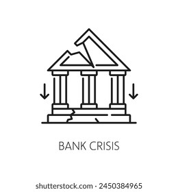 Bank bankruptcy, economic crisis outline icon. Financial downturn problem, company money loss risk or recession gander vector icon. Business crisis line symbol or sign with ruined bank building