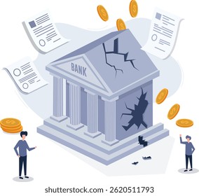 Bank bankruptcy problem and document problem concept flat art vector illustration.