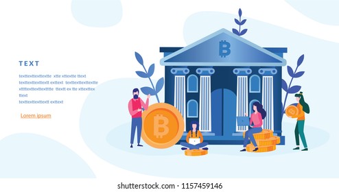 Bank bitcoin mining with people, Cryptocurrency Concept for web page, banner, presentation, social media. Vector illustration, Golden coin with Bitcoin symbol, managers working on crypto start up.