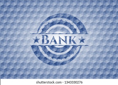 Bank blue badge with geometric pattern background.