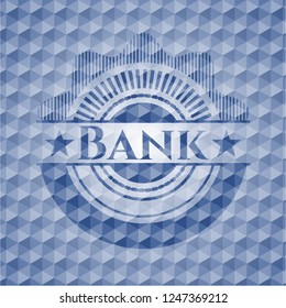 Bank blue emblem with geometric pattern background.