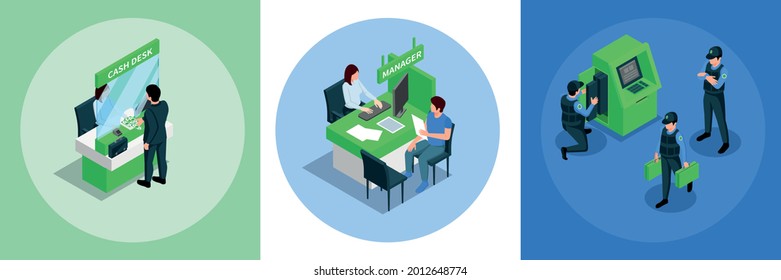 Bank Branch Three Square Compositions Cash Desk Manager And Collectors Working With Cash Dispenser Isometric Vector Illustration