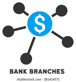 Bank Branches vector icon with caption. Symbol style is a bicolor flat symbol with rounded angles, blue and gray colors, white background.
