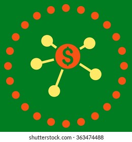Bank Branches vector icon. Style is bicolor flat circled symbol, orange and yellow colors, rounded angles, green background.
