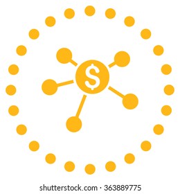 Bank Branches vector icon. Style is flat circled symbol, yellow color, rounded angles, white background.