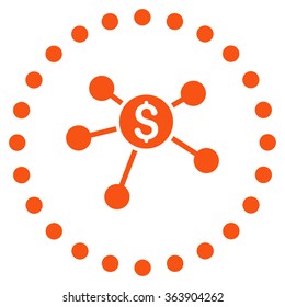 Bank Branches vector icon. Style is flat circled symbol, orange color, rounded angles, white background.