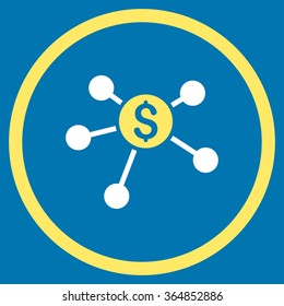 Bank Branches vector icon. Style is bicolor flat circled symbol, yellow and white colors, rounded angles, blue background.