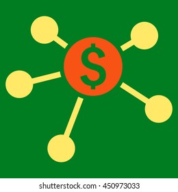 Bank Branches vector icon. Style is bicolor flat symbol, orange and yellow colors, green background.